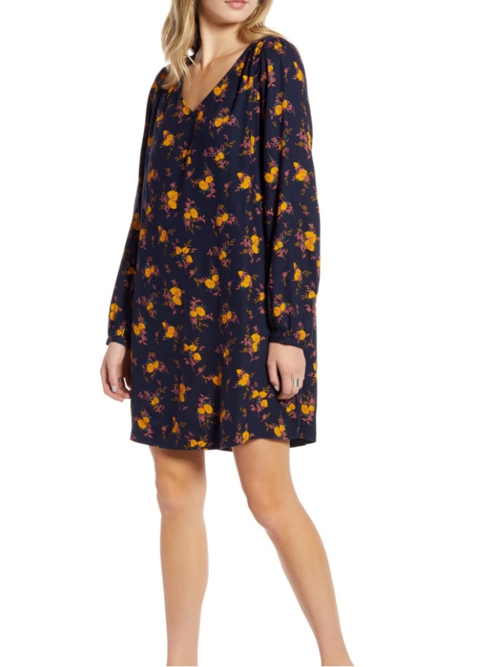 Treasure & Bond Navy Floral Long-Sleeve V-Neck Shift Dress with Yellow Print